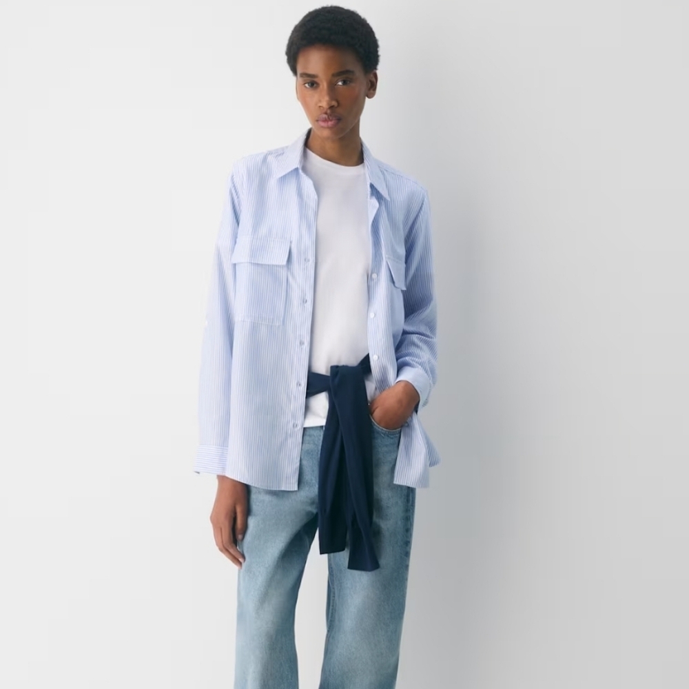 Aritzia Babaton Utility Light Blue Striped Women's Casual Layering Shirt Sz XL
